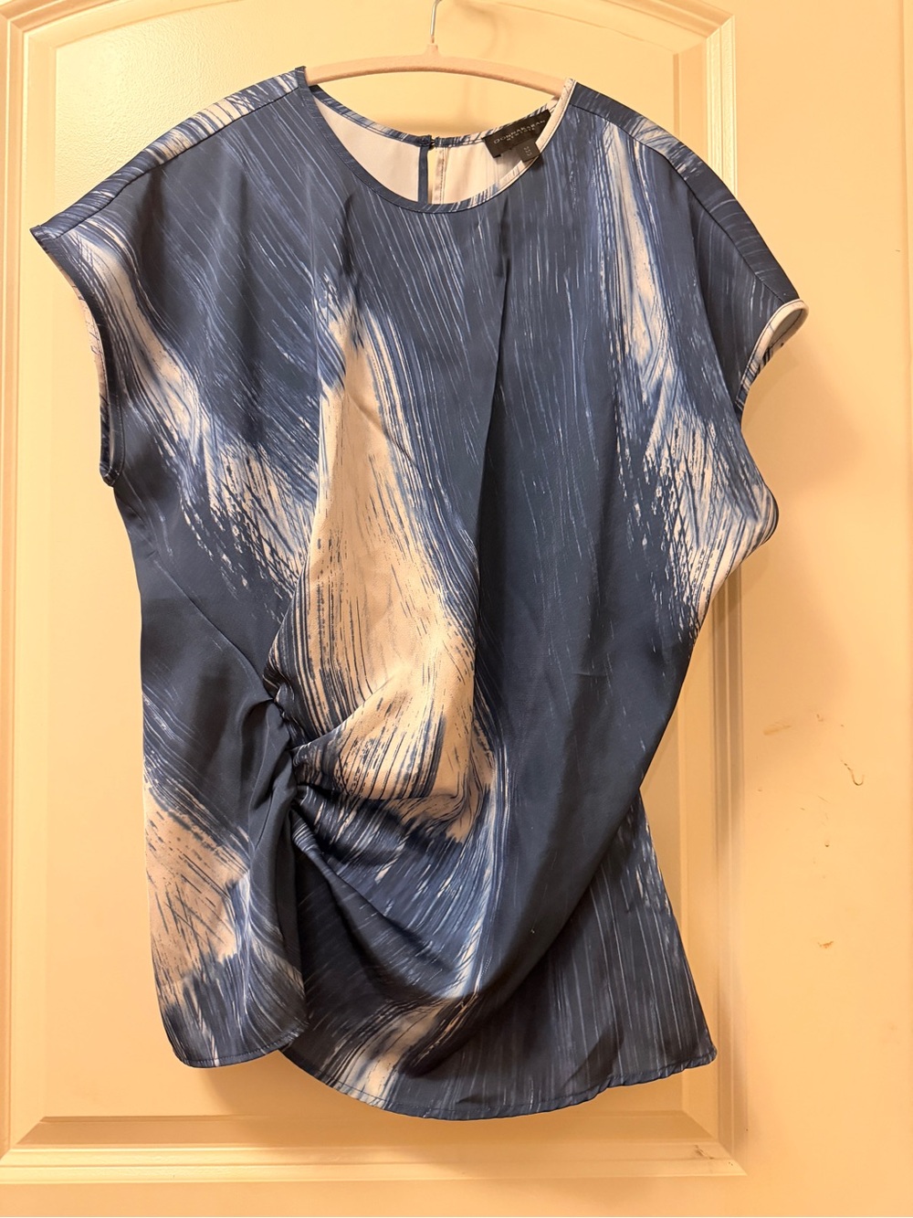 Donna Karan Blue and White Abstract Cap-Sleeve Blouse